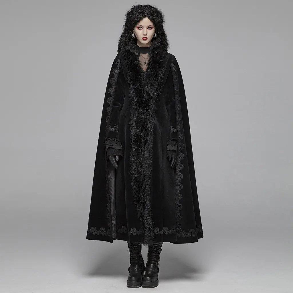 

Punk Rave Women's Goth Embroideried Woolen Maxi Coat With Fur Collar WY1035LCF