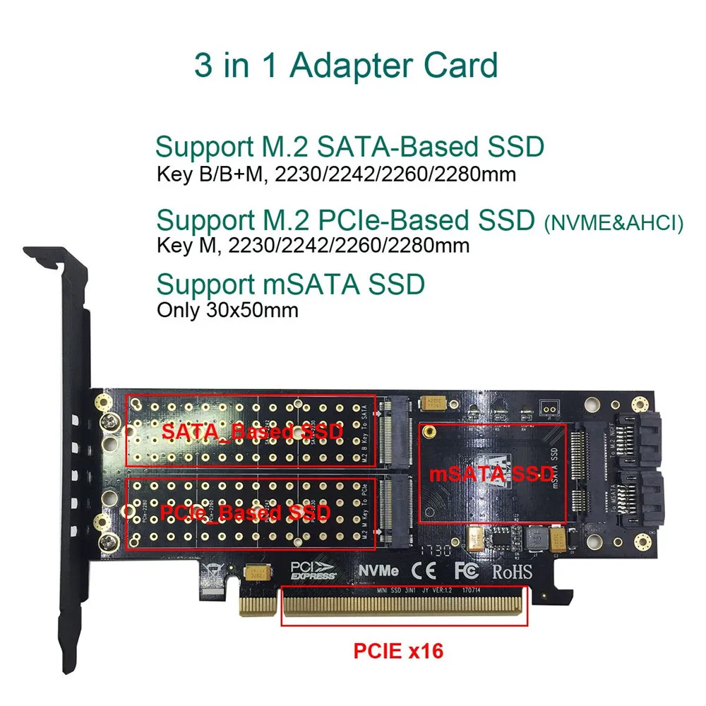 3 в 1 PCI-E 3,0X16 для NGFF M.2 NVMe AHCI SSD адаптер для M Key B Key mSATA твердотельный накопитель с двойным интерфейсом SATA III