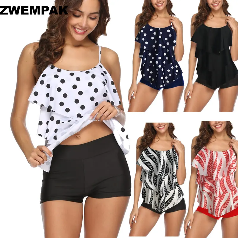 

Polka Dot Printed Retro Women Tankini Set Summer Large XL XXL Bathing Suit Female Bikinis Plus Size Ruffle Multilayer Biquini