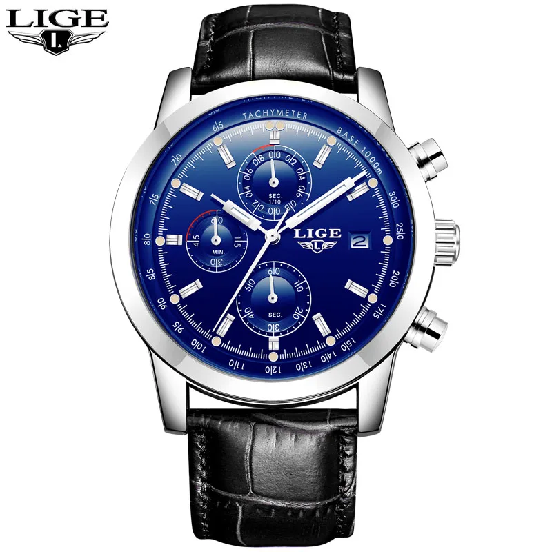 LIGE мужские наручные часы, повседневные модные часы, водонепроницаемые кварцевые часы, кожаные часы для мужчин, Топ бренд, роскошные деловые часы, Montre Homme - Цвет: Leather silver blue
