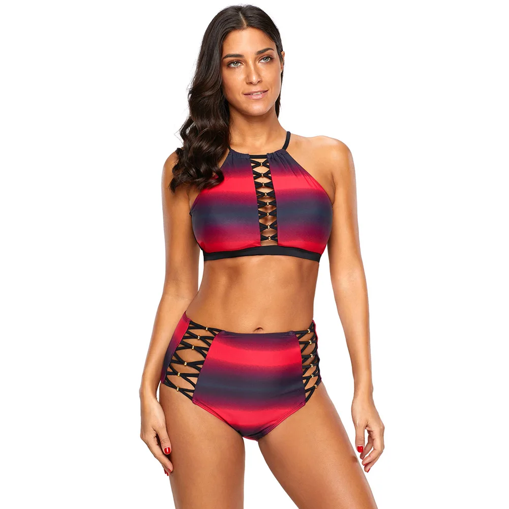 

PLUSLAND TANKINI Summer Sexy Women Rosy Gradient Color Crisscross Detail High Waist Beach Wear Two-Piece Separates Bathing Suits