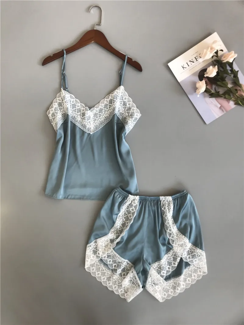 Pajamas Set For Women Silk Satin Pyjamas Summer V-neck Sleeveless Nightie Sleepwear Sexy Lingerie Pijama Femme Top Shorts   8
