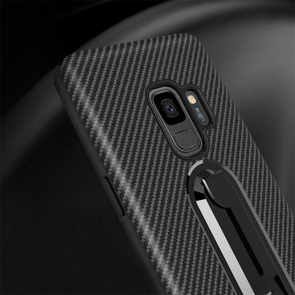 Luxury Carbon Fiber Ring Kickstand Phone Back Case For SAMSUNG Note 9 Note 8 S9+ S8 Plus S7 Edge Soft TPU Shockproof Stand Cover (9)