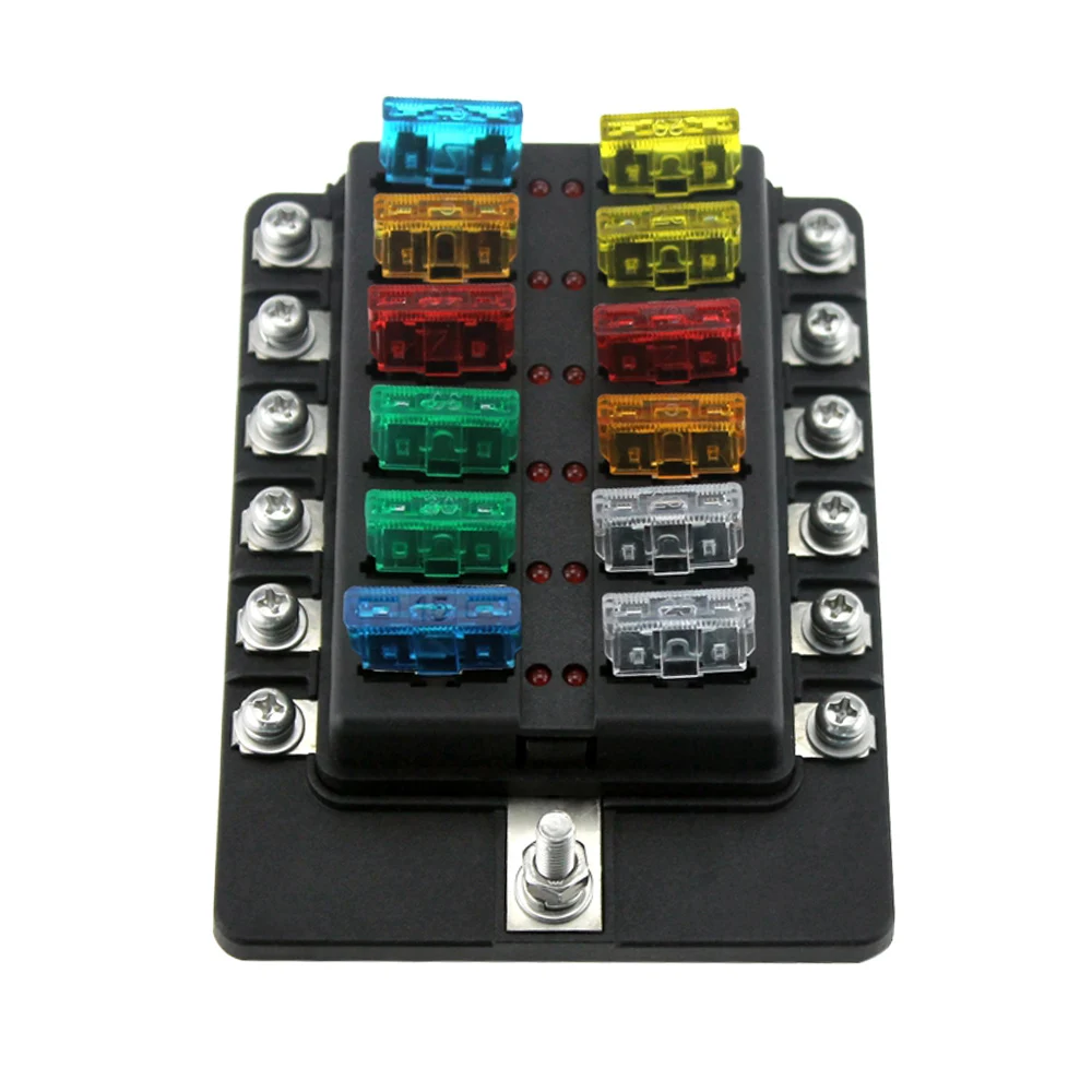 12 Way Blade Fuse Box Holder Fuse Blocks LED Indicator 10Pcs Fuses 10Pcs Terminals for Car Boat Marine Caravan Truck 12V 24V