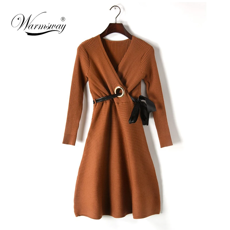 Fashion Ring Dress with sashes Long Sleeve Autumn Women fitted waist Dress Solid Elegant V-Neck Fitness  SK-057