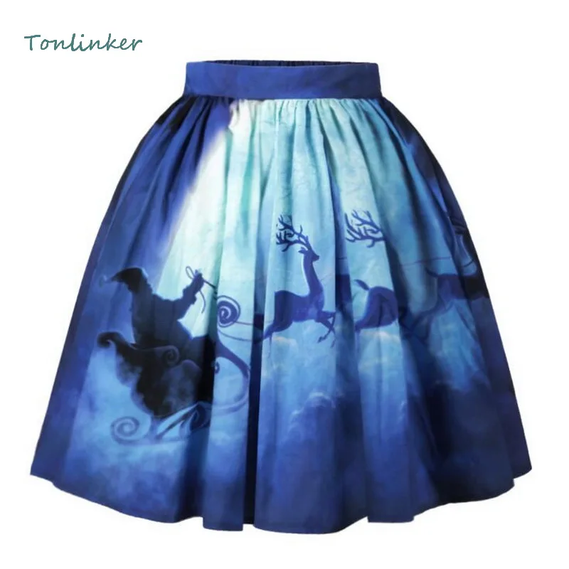

Tonlinker Autumn Winter Women Knee-Length Pleated Skirts Christmas Printing Cosplay Pleated Skirts High Waist Zipper Mini Skirt