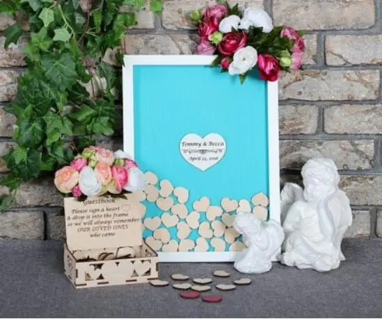 

personalize White Frame Wedding Guest Book Alternative Drop Top Box, customize Guestbook Wood Heart Guestbook with wedding sign