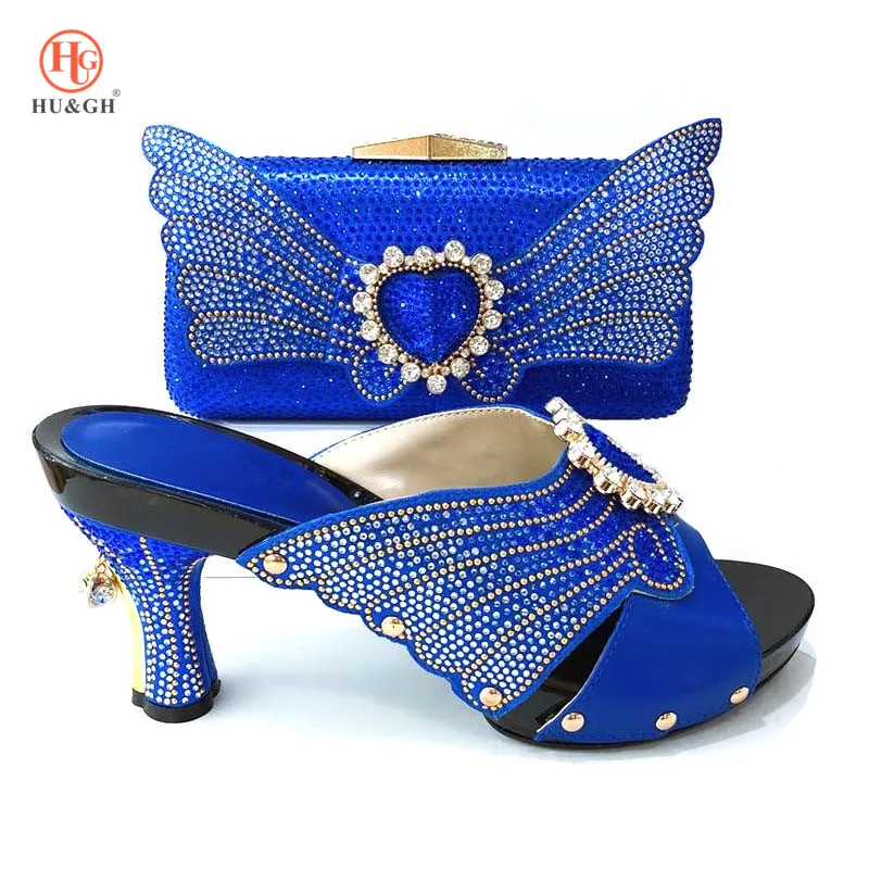 

Italian Shoes and Bag Set Decorated with Rhinestone Royal Blue Color Italy Shoe and Bag Set African High Heels for Party Wedding