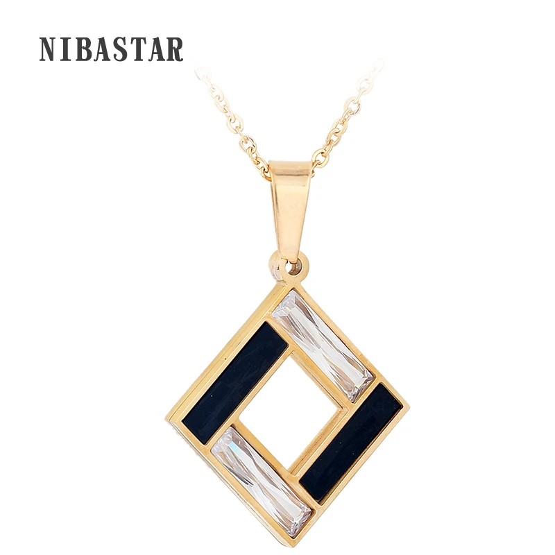 

Women New Style Gold-Color 316L Stainless Steel fashion Black and Clear Crystal Zircon Pendant necklace for women
