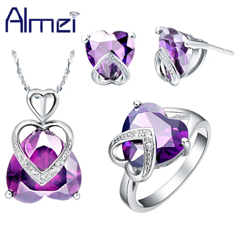 Almei Heart White Gold Color Purpls Crystal Pendant Necklace/Earrings Rings Sets Bridal Jewelry Set Stones Women Wedding T087 photo