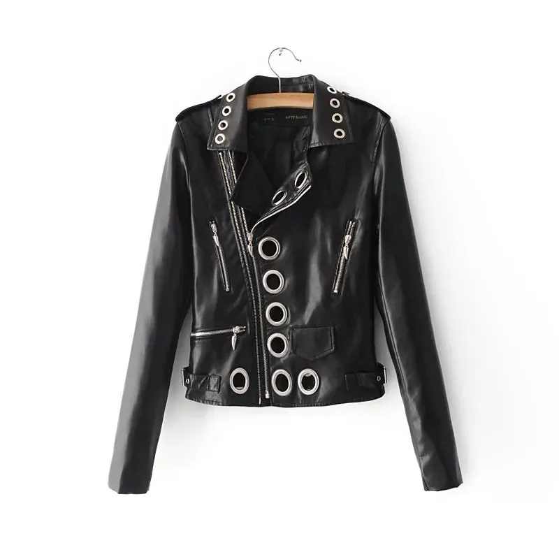 

Fashion High Quality Hollow Out Female PU Leather Jacket Women Sexy Motorcycle Jaqueta Feminina Elegant Basic Coats 1605