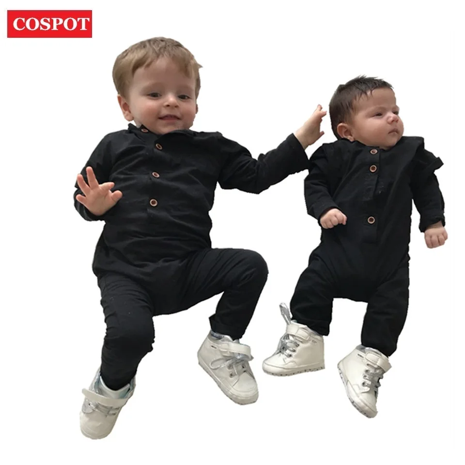 On Sale COSPOT Baby Boys Rompers Boy Long Sleeve Tank Jumpsuit Boy Spring Plain Color Black Gray