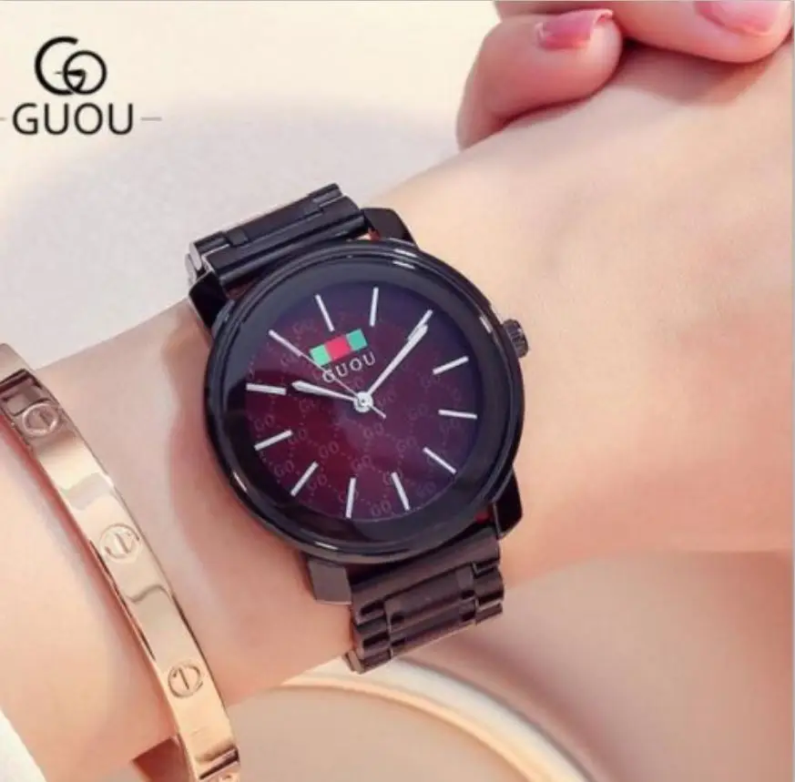 

GUOU 2018 Relogio Mujer Luxury Women's Watches For Women Fashion Saat Black Stainless Steel Watch Women Clock relogio feminino