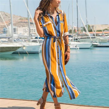 

Summer Beach Chiffon Long Dress Women Striped Shirt Dress 2019 Casuale Long Sleeve Midi Holiday Party Dresses Vestidos