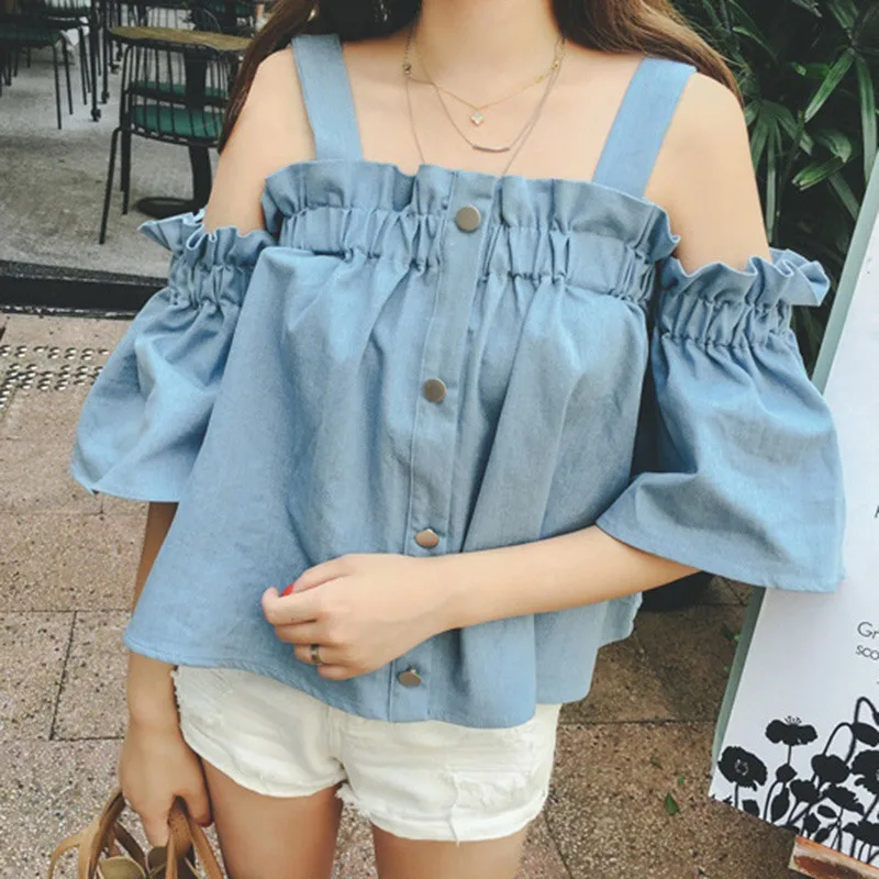 

Women's Slash Neck Off Shoulder Tops Summer Thin Strapless Baby Doll Blouse