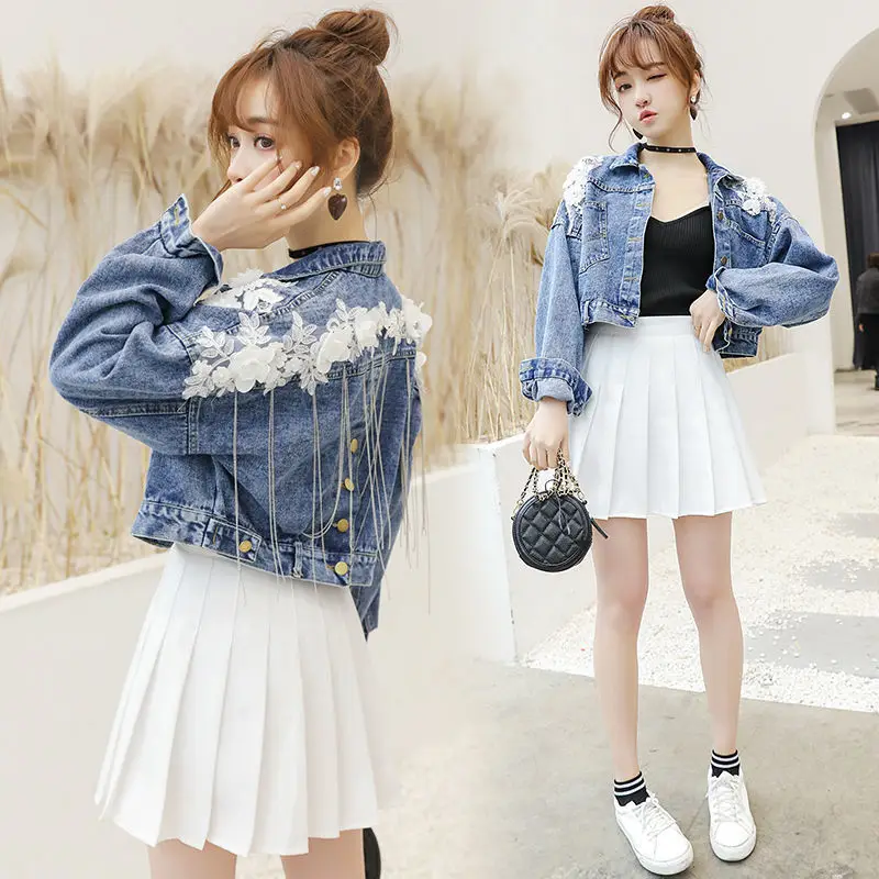 astounding  2019 Spring Autumn Floral Appliques Tassel Women Short Demin Jacket Korean Casual Chains Loose Femm