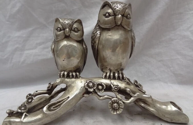 

JP S0608 11" Folk Chinese Silver Sculpture Carved 2 Love d Scout Minerva Owl Statue