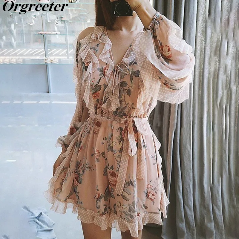 

Women's Romper Playsuit V Neck High Waist Long Sleeve Tie up Patchwork Ruffle Print Chiffon Jumpsuit Beach Overalls 2019 Spring