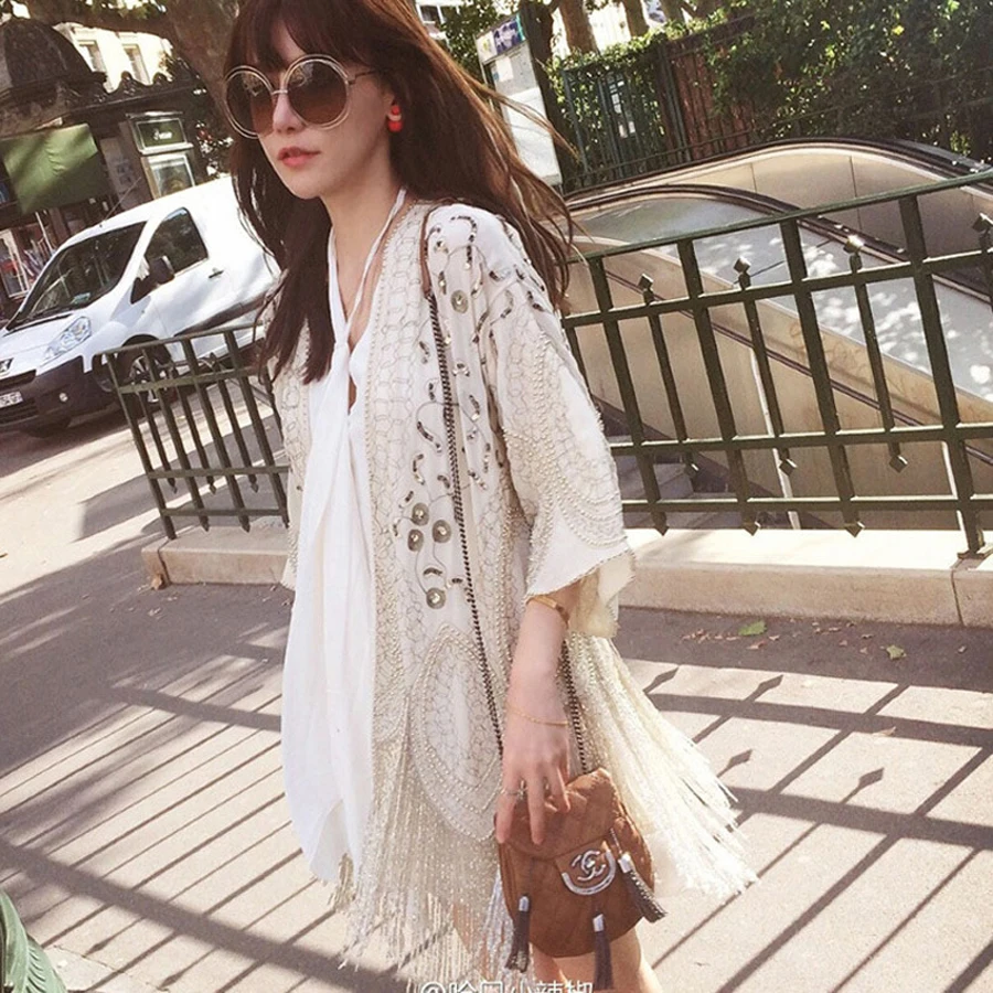 Cream-colored Cardigan chiffon boho Blouses