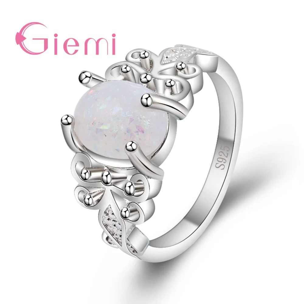 

New Fashion 925 Sterling Silver Geometric Lace Ring With Oval Opal For Women Girls Party Engagement Jewelry