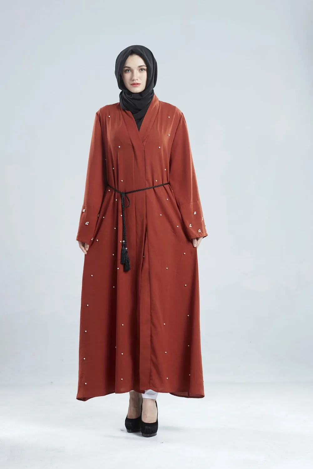 Мусульманское Бисероплетение кардиган ремень abaya Макси длинное платье, Роба Платья Туника кимоно Ближний Восток Рамадан арабский Исламская, молитвенная одежда