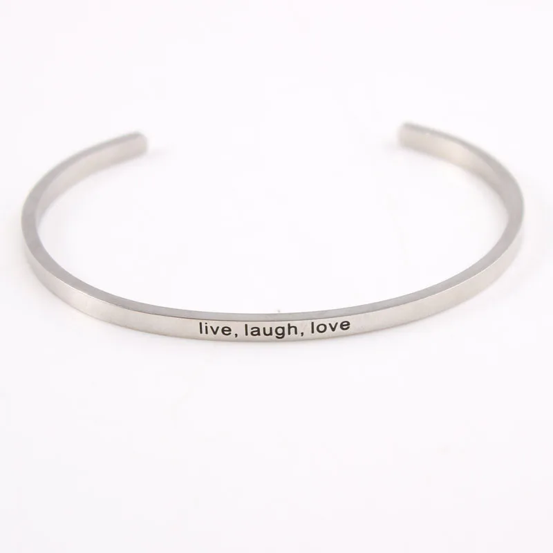 

live,laugh,love 3.2mm Stainless Steel Bar Engraved Positive Inspirational Quote Cuff Mantra Bracelet Bangle For Men Best Gifts