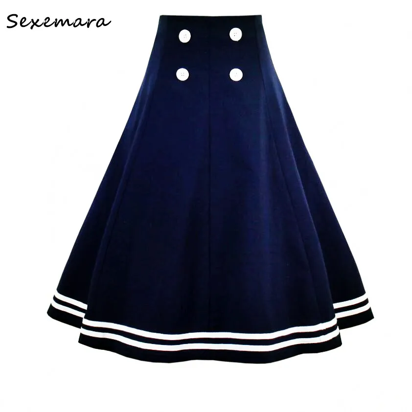

SexeMara New Fall Accessory Double Breasted 1950s Navy Blue Flared School Skirts Unifrom Bottom Pin Up Plus Size