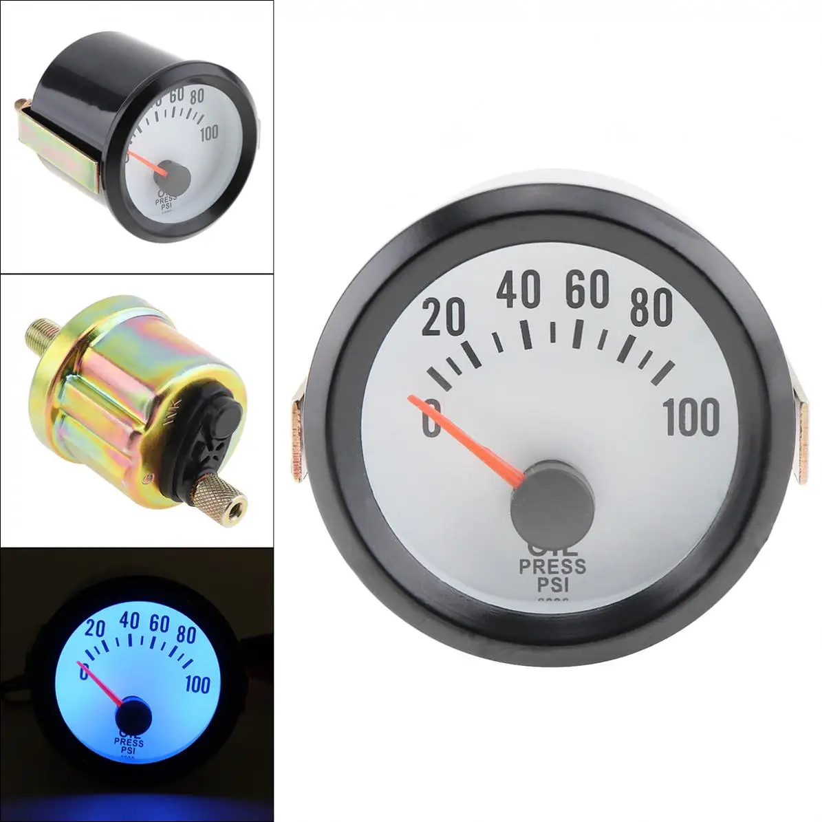 6036BL Universal 2" 52mm 12V Blue LED 0100PSI Car Oil Pressure Gauge