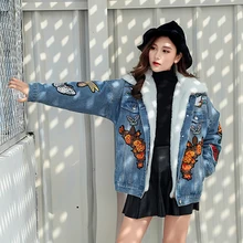 Весенняя джинсовая теплая куртка-парка женский женский джинсовый жакет Осенняя джинсовая куртка с вышивкой в виде тигра для влюбленных мужчин и женщин