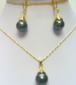 

free shipping $wholesale_jewelry_wig$ Fashion Set Green black shell pearl Earring Pendant Necklace