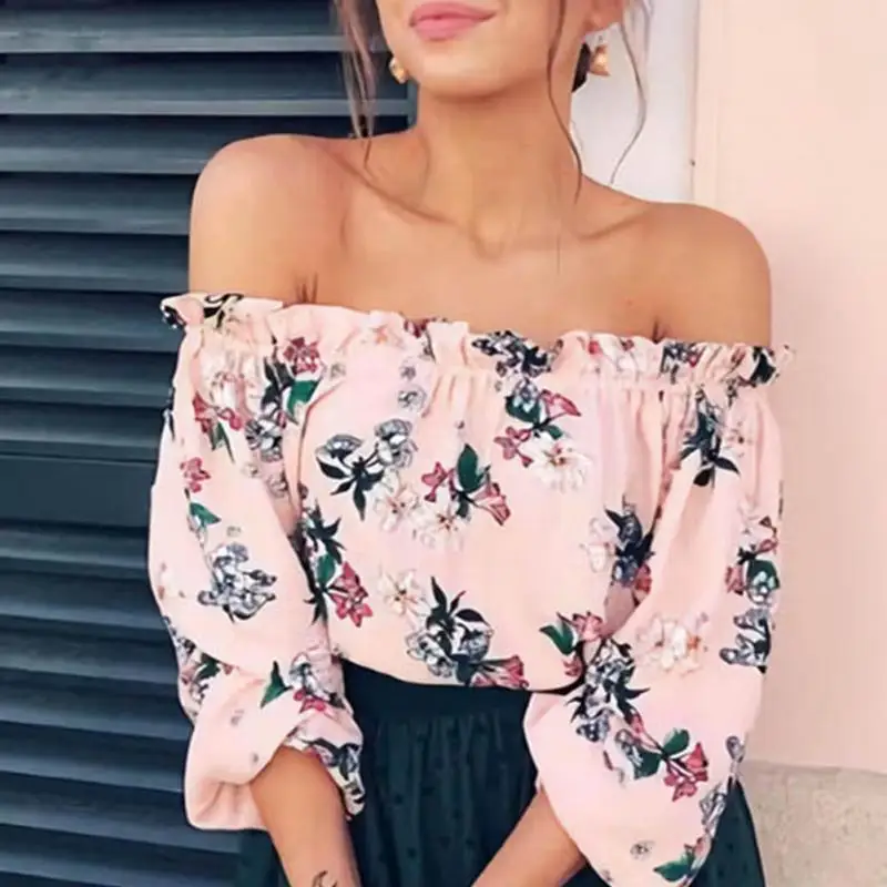 Women Girls Summer Chiffon Off Shoulder Floral Printed Long Sleeve Tops | Женская одежда