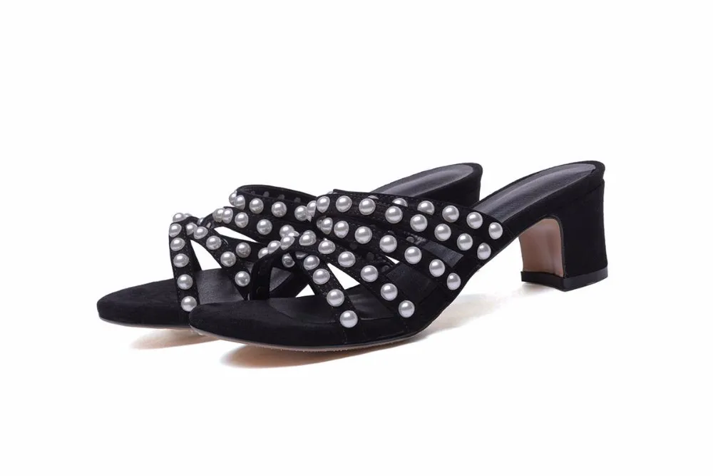 La Verano Gruesas Ovejas Exterior Peep En Tacón El Deslizador Mulas Pot Superestrella Toe L06 Alto Tachonado Sandalias Suede Arte De Negro Perla Krazing 7ngqH6x