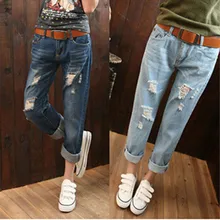 Свободные BF Джинсы женские рваные джинсовые капри брюки модные однотонные джинсы брюки потертые Брюки Повседневная одежда NZ1019