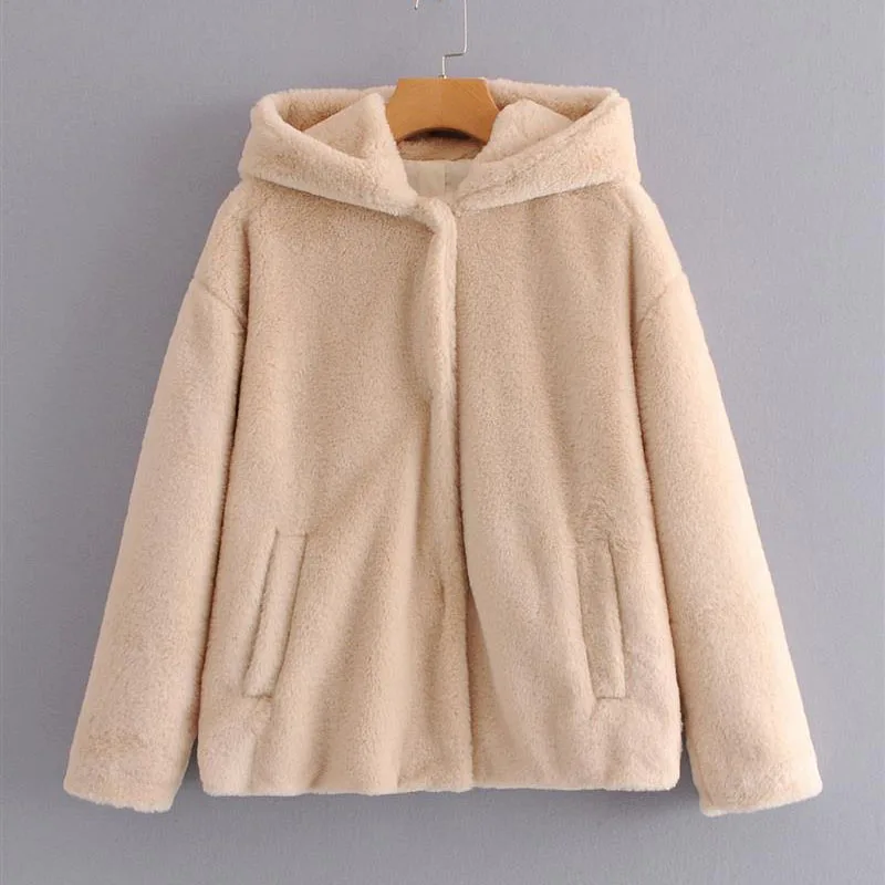 Шикарная теплая куртка с длинными рукавами осень Новая женская дикая тонкая женская куртка с капюшоном из искусственного меха пальто