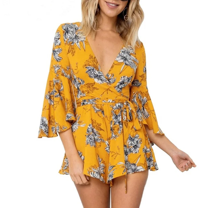 

Playsuit Women Elegant Yellow Romper Combi Short Women Holiday Mini Playsuit Ladies Sexy Femme V Neck Summer Playsuit for Women