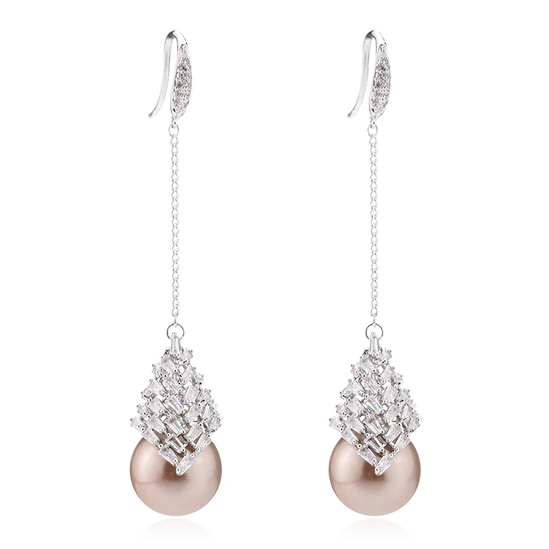 

Trendy Silver Color Pearl Long Dangle Earrings For Women Fashion Brand Jewelry Wedding Bridal CZ Dangle Ear Jewelry Accessory
