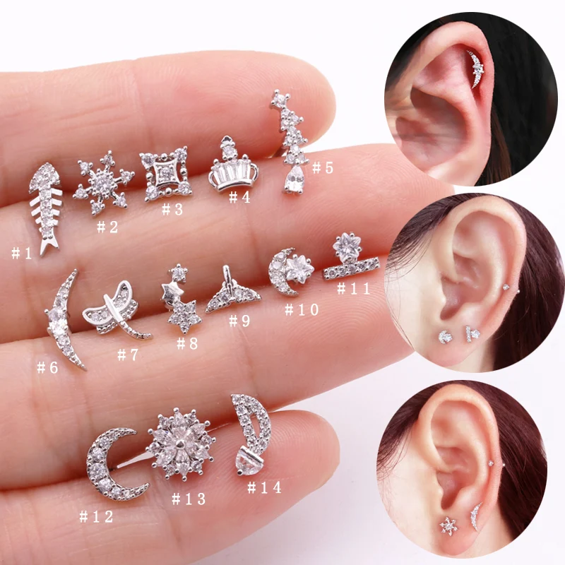 

Sellsets 1piece 20g Barbell Moon Star Shape Sparkling CZ Ear Tragus Helix Cartilage Stud Rook Piercing Jewelry For Women