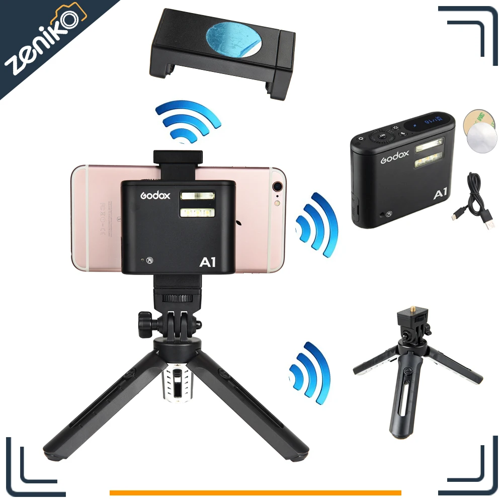 

Presale Godox A1 Smartphone Flash + MT01 Mini Tripod + MTH Phone Clam TTL Bluetooth with Battery for iPhone 7 6S Plus ios