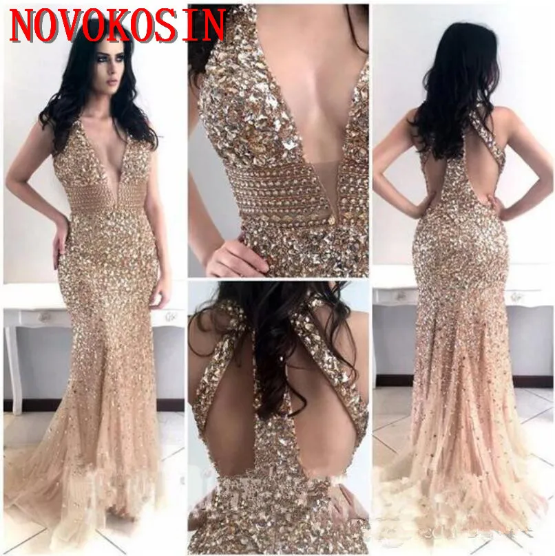 Русалка отделка бисером вечерние платья Длинные Vestido de Festa Холтер V средства ухода за кожей шеи вечернее, расшитое кристаллами Выходные туфли на выпускной бал платье Robe de Soiree