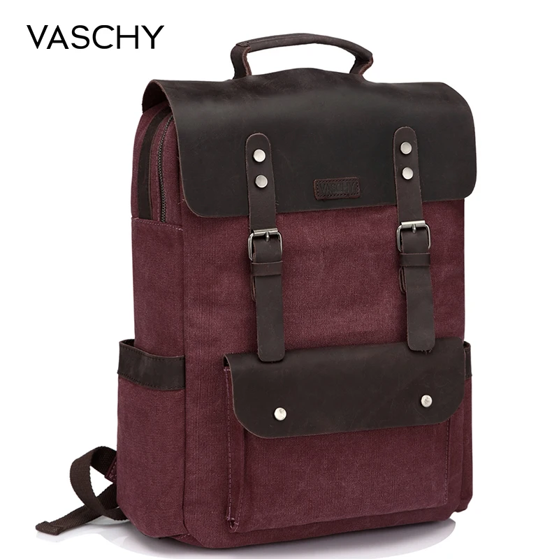 VASCHY кожаный рюкзак для ноутбука, повседневный парусиновый рюкзак для путешествий и отдыха, школьный рюкзак с 15,6 дюймовым отделением для ноутбука - Цвет: Burgundy