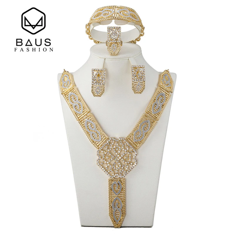 

BAUS Wholesale 2017 fashion female jewelry set golden color crystal necklace Africa Pearl Dubai India wedding dress accessories
