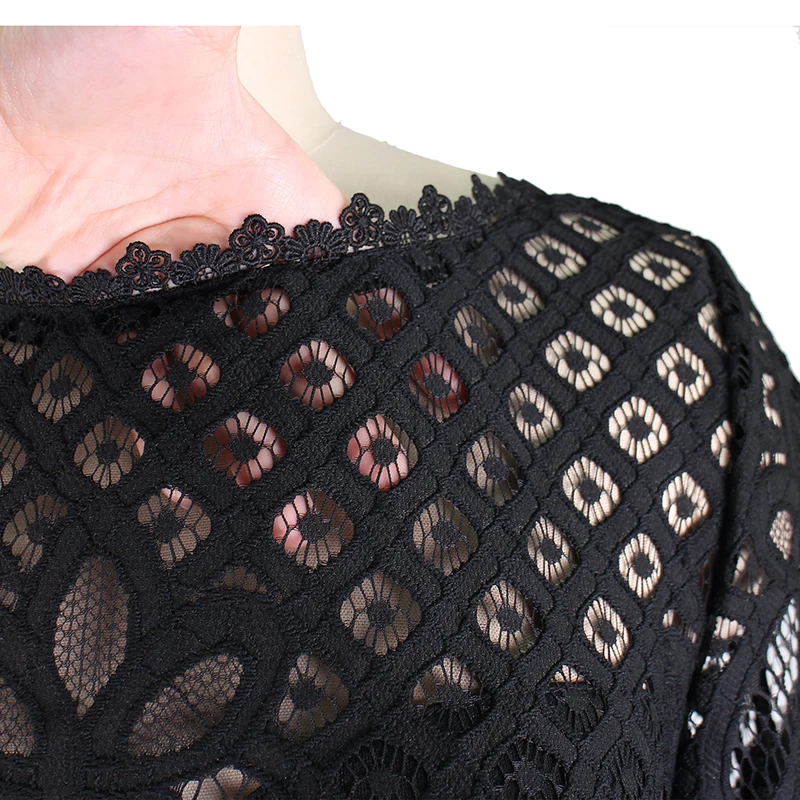 Vfemage женщин Винтаж See Through Floral Lace Bell рукава карманы лоскутное Вечеринка Fit and Flare A Line