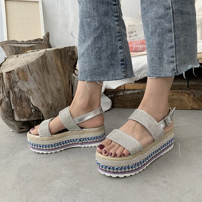 

Bohemia Shiny Platform Sandals Women Open Toe Rhinestone Glitter High Heels Sandals Female Summer Non-slip Ladies Shoes 2019