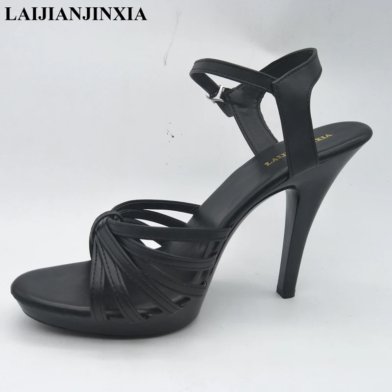 

New Summer Female T Shows High Heeled Shoes 13cm Super High Sexy Black PU Leather Club Tide Women's Sandals