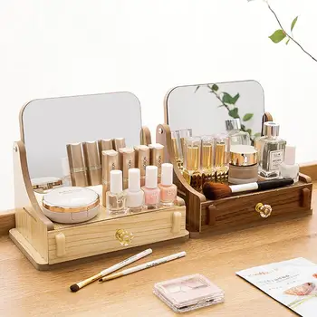 

Wooden Color Rotating Makeup Mirror With Storage Drawer Box For Cosmetics Girls Desktop Dressing Mirrors Make Up Princess Mirror