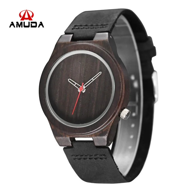 

Fashion Men's Wooden Watch with Black Leather Strap Wristwatches Japanese Quartz Movement Casual Watches In Gift Box