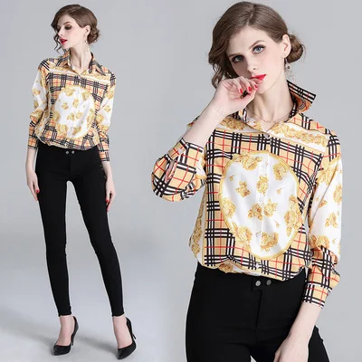 

2019 fashion brand women's trends popular clothing new spring Sexy Career Leisure Printed Slim Long Sleeve Joker Lapel Shirt