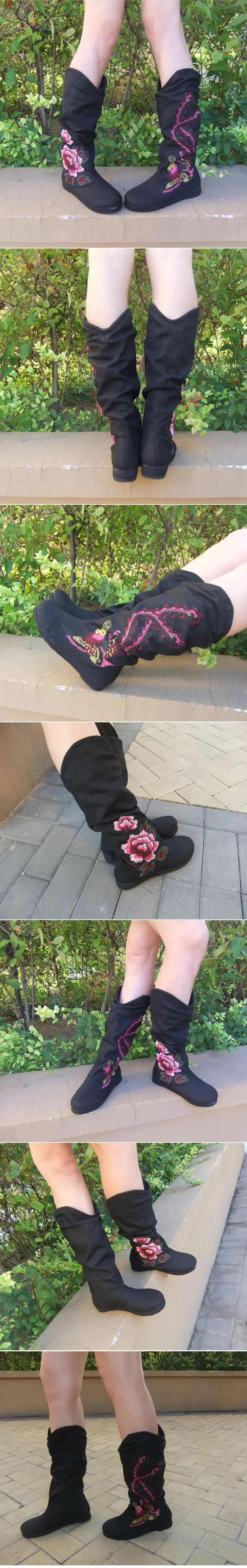 Г. Новые женские весенне-осенние сапоги на танкетке и толстом каблуке с круглым носком в национальном стиле, модные сапоги до колена с вышивкой Размеры 35-40, SXQ0812