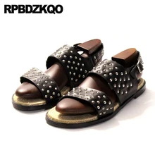 Лето Дизайнерская обувь мужчины высокого качества Настоящая кожа большой размер шпилька заклепка черный итальянский эспадрильи сандалии рыбак 45 веревка