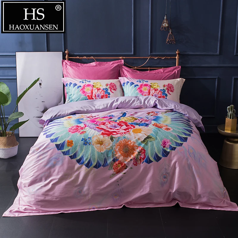 

HS American Pastoral Style Pink 100S Digital Print 4pcs Bedding Sets 100% Egyptian Cotton Bed Sheet Duvet Cover Set King Queen